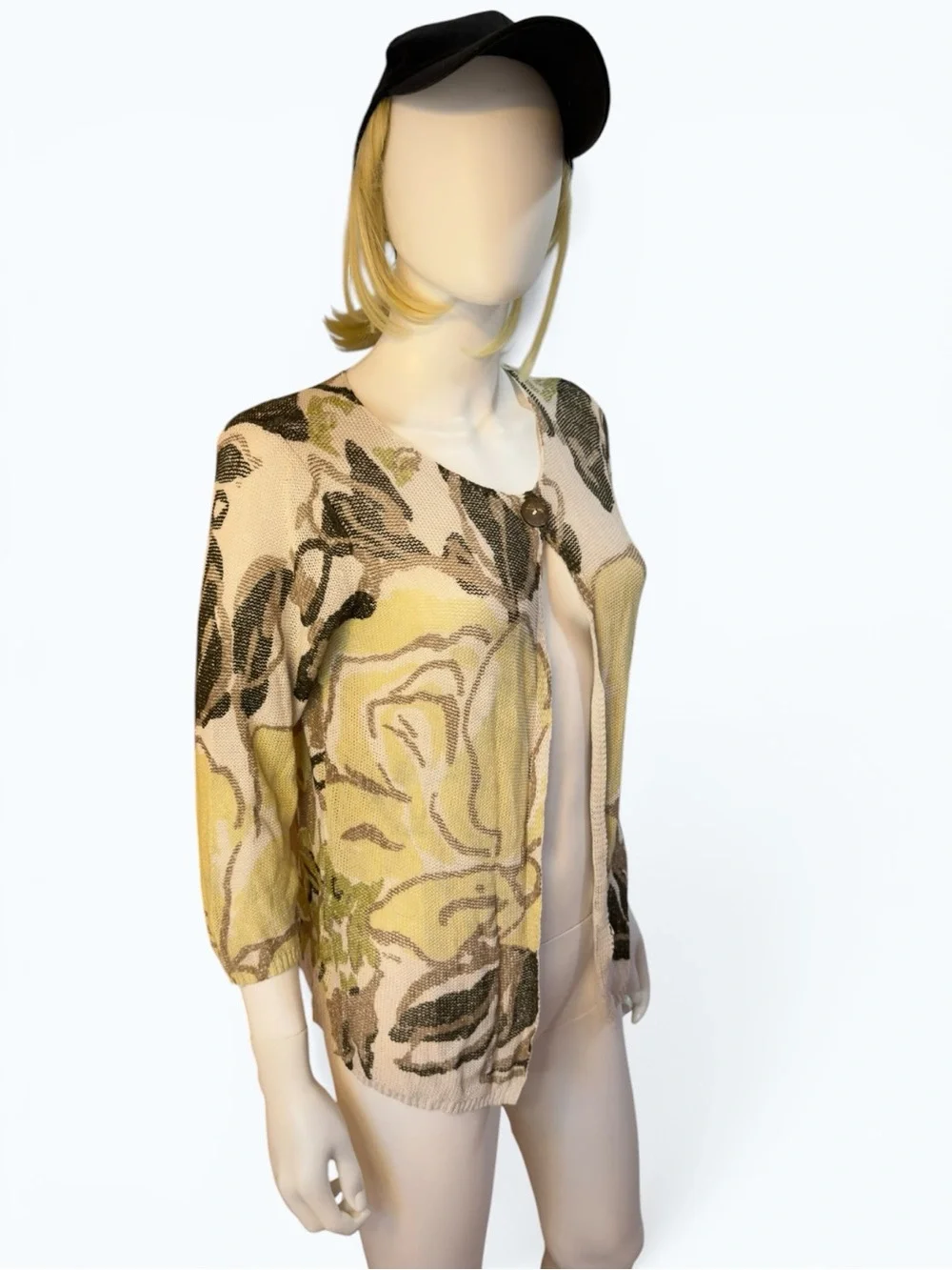 Coldwater Creek Floral Print Knit Cardigan Green Beige | Size S (6-8)
